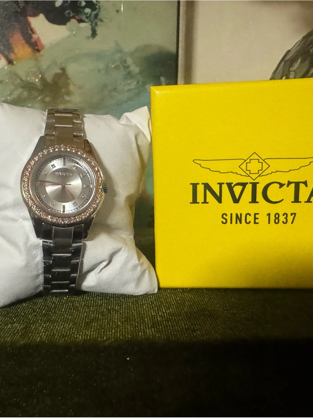 Invicta Silver Tone Watch with Yellow Accent Box